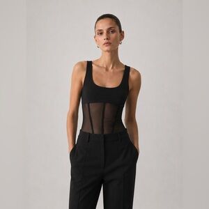 DYNAMITE - Black Mesh Corset-Style Bodysuit